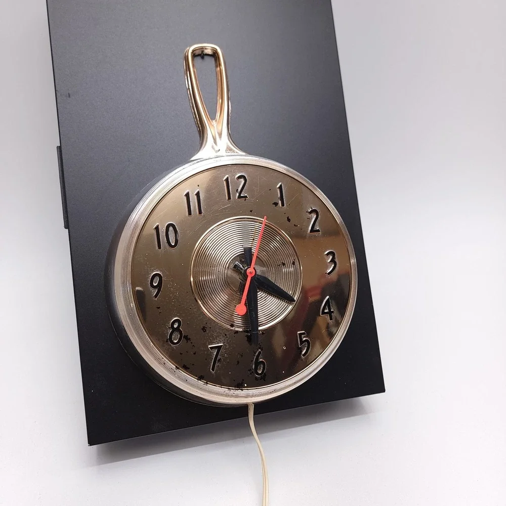 Vintage Hanging Chrome Frying Pan KITCHEN WALL CLOCK Tested & Works